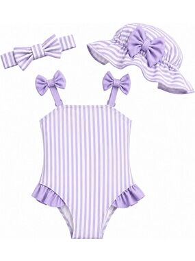 Purple Striped Baby Girl Swimsuit Set with Headband and Hat 3-6 months